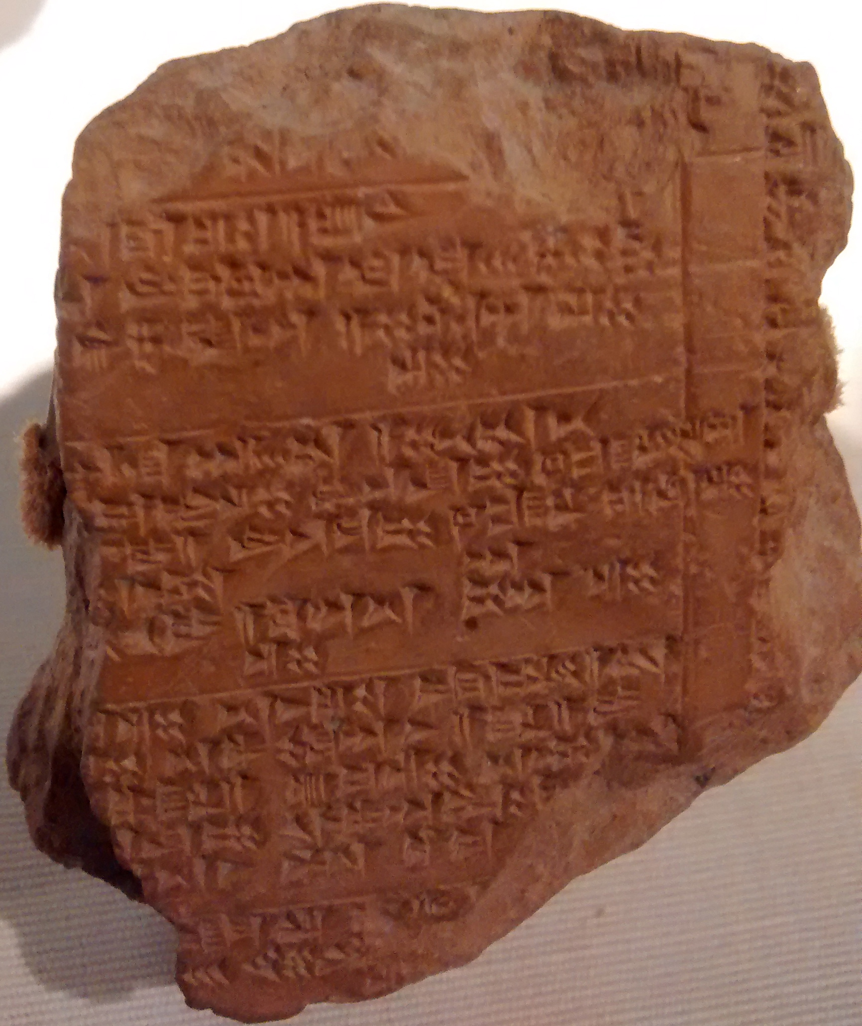 A baked clay Hittite tablet covered in lines of cuneiform script, on display in a museum case
